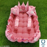 Pink Unique Newborn Baby Round Tub Bedding Set, Reversible Bed Set Cum Mattress with 3 Multi Shape Pillows for Newborn to Toddlers ( Blue& Sky Blue) - Red & Pink